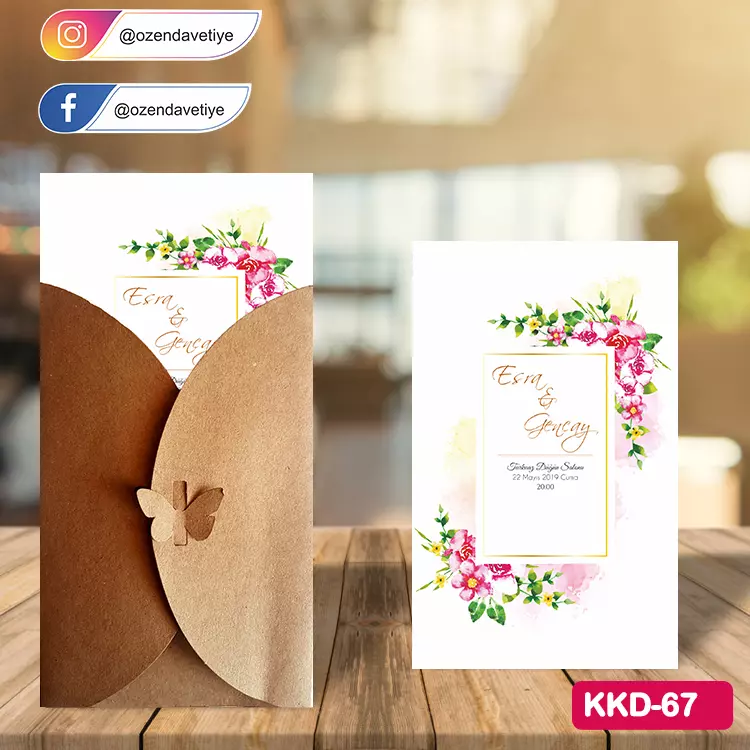 ozen-davetiye-Düğün Davetiyesi - Kelebekli Kraft Zarflı Davetiye Model No:67